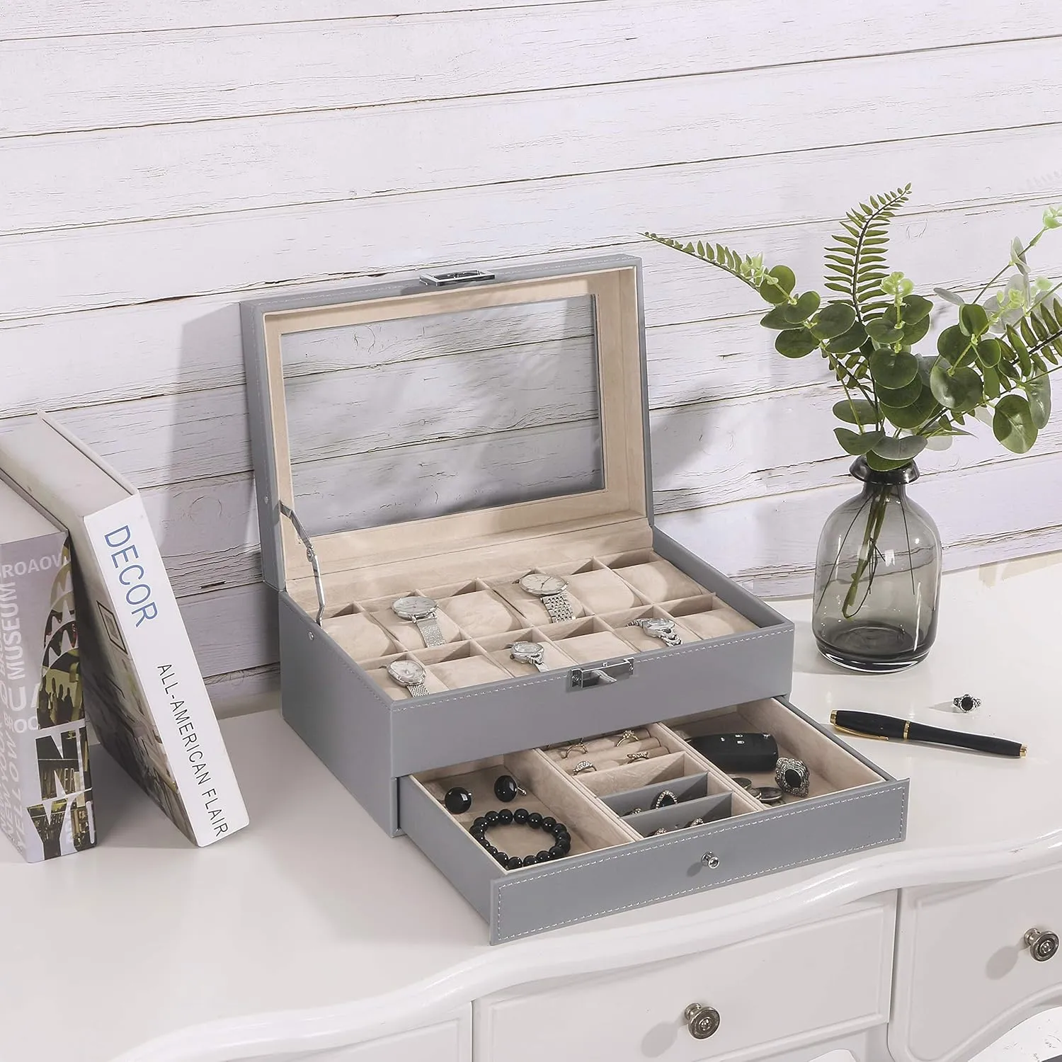 Men, Grey SSH02H BEWISHOME Watch Box Organizer with lacuna Valet Drawer - Real Glass Top, Adjustable Tray, Metal Hinge - 12 Slots Watch Case Jewelry Box for Women 