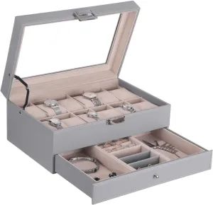 Men, Grey SSH02H BEWISHOME Watch Box Organizer with lacuna Valet Drawer - Real Glass Top, Adjustable Tray, Metal Hinge - 12 Slots Watch Case Jewelry Box for Women 