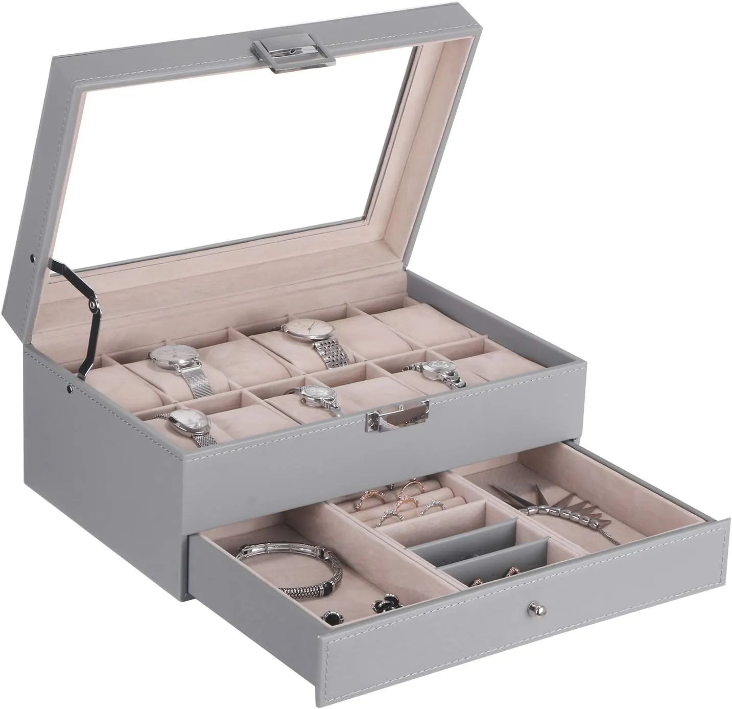 Men, Grey SSH02H BEWISHOME Watch Box Organizer with lacuna Valet Drawer - Real Glass Top, Adjustable Tray, Metal Hinge - 12 Slots Watch Case Jewelry Box for Women 