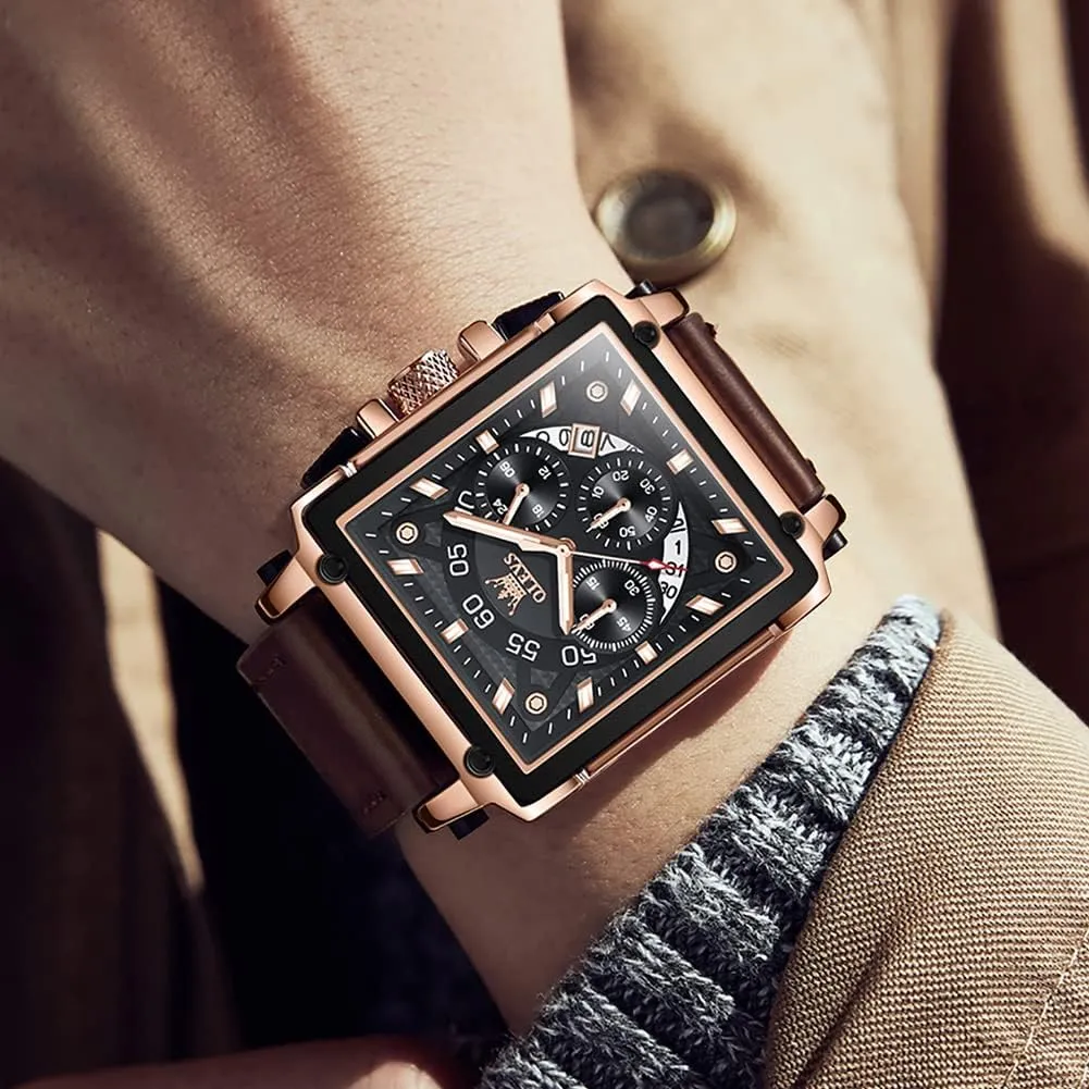 Men Quartz Chronograph Leather Fashion Dress Watch Date Waterproof Luminous wound hive source senior perfect impersonal Casual Square Business Wrist Watches OLEVS Watches for 