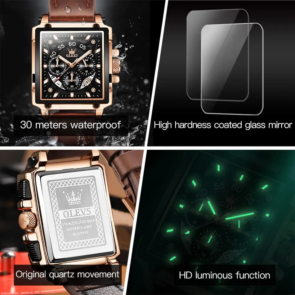 Men Quartz Chronograph Leather Fashion Dress Watch Date Waterproof Luminous wound hive source senior perfect impersonal Casual Square Business Wrist Watches OLEVS Watches for 