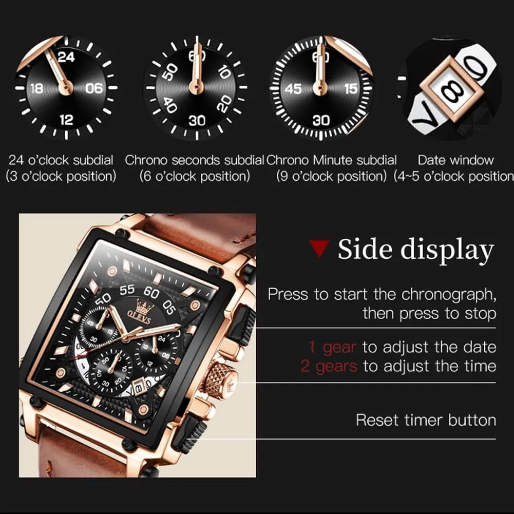Men Quartz Chronograph Leather Fashion Dress Watch Date Waterproof Luminous wound hive source senior perfect impersonal Casual Square Business Wrist Watches OLEVS Watches for 