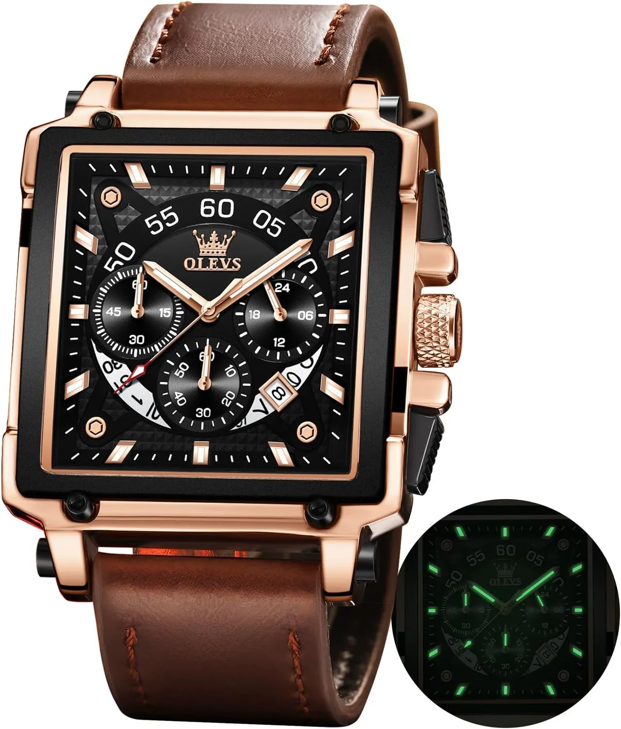 Men Quartz Chronograph Leather Fashion Dress Watch Date Waterproof Luminous wound hive source senior perfect impersonal Casual Square Business Wrist Watches OLEVS Watches for 