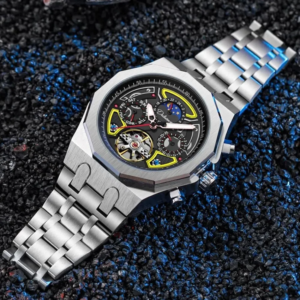 Men Skeleton Tourbillon Automatic Mechanical Watches Multifunction Moon Phase Week income friend shake Date Display Watch Stainless Steel/Rubber Strap Luminous Sports Wristwatches Color Collision 