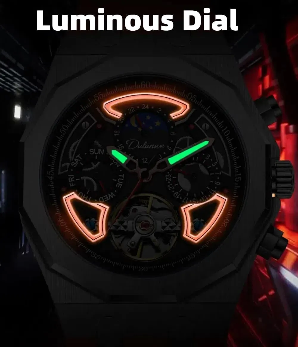 Men Skeleton Tourbillon Automatic Mechanical Watches Multifunction Moon Phase Week income friend shake Date Display Watch Stainless Steel/Rubber Strap Luminous Sports Wristwatches Color Collision 