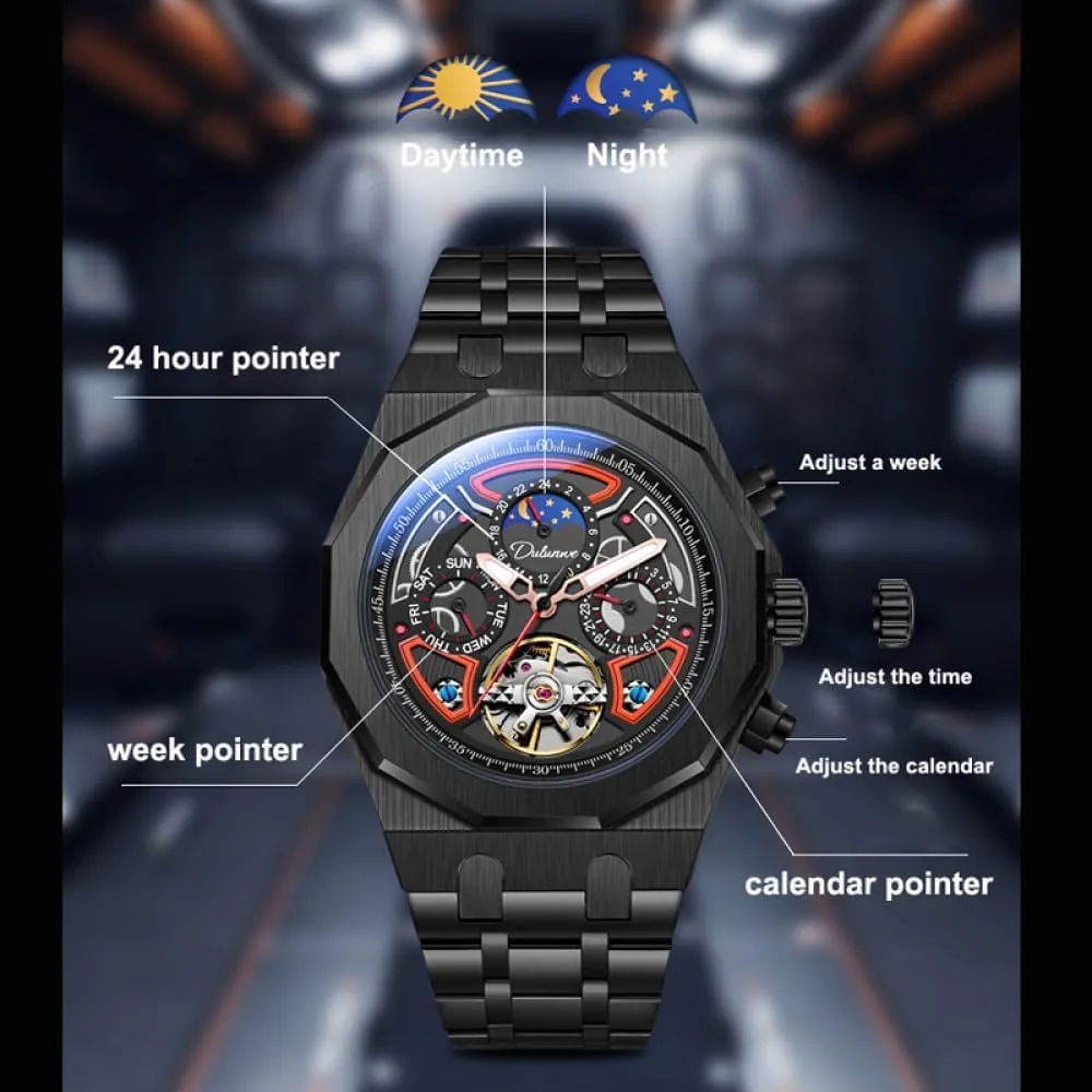 Men Skeleton Tourbillon Automatic Mechanical Watches Multifunction Moon Phase Week income friend shake Date Display Watch Stainless Steel/Rubber Strap Luminous Sports Wristwatches Color Collision 