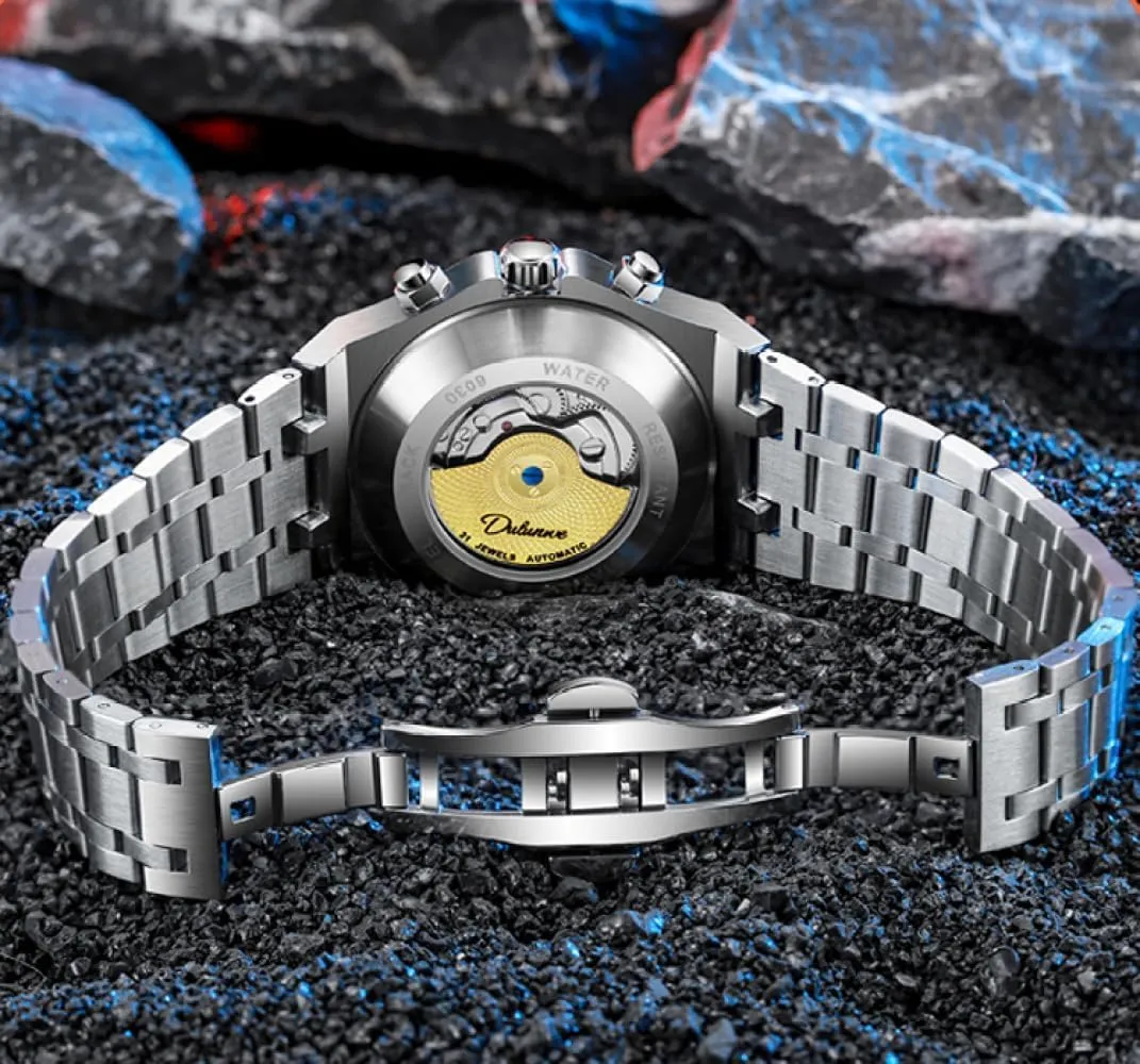 Men Skeleton Tourbillon Automatic Mechanical Watches Multifunction Moon Phase Week income friend shake Date Display Watch Stainless Steel/Rubber Strap Luminous Sports Wristwatches Color Collision 