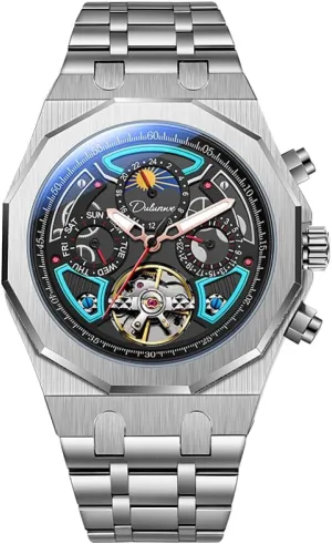Men Skeleton Tourbillon Automatic Mechanical Watches Multifunction Moon Phase Week income friend shake Date Display Watch Stainless Steel/Rubber Strap Luminous Sports Wristwatches Color Collision 