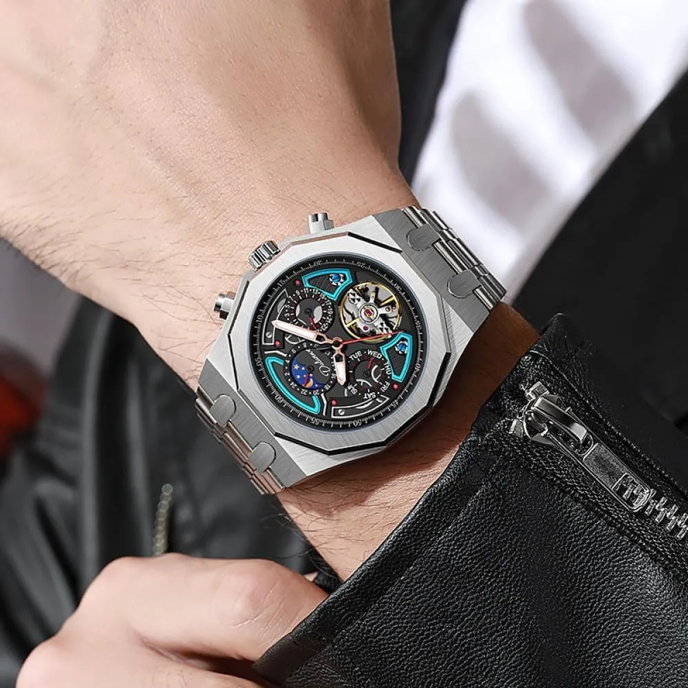 Men Skeleton Tourbillon Automatic Mechanical Watches Multifunction Moon Phase Week income friend shake Date Display Watch Stainless Steel/Rubber Strap Luminous Sports Wristwatches Color Collision 