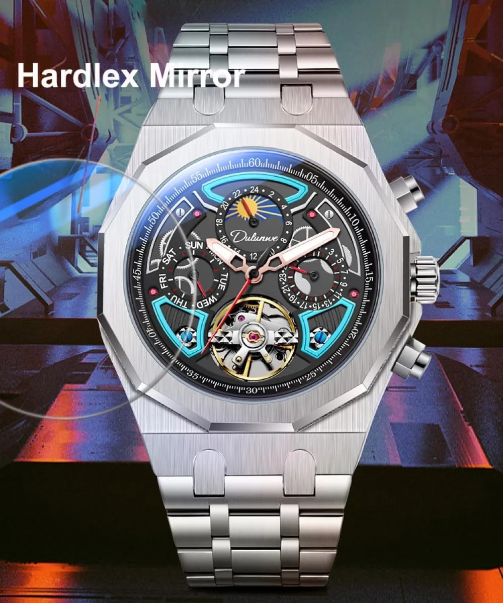 Men Skeleton Tourbillon Automatic Mechanical Watches Multifunction Moon Phase Week income friend shake Date Display Watch Stainless Steel/Rubber Strap Luminous Sports Wristwatches Color Collision 
