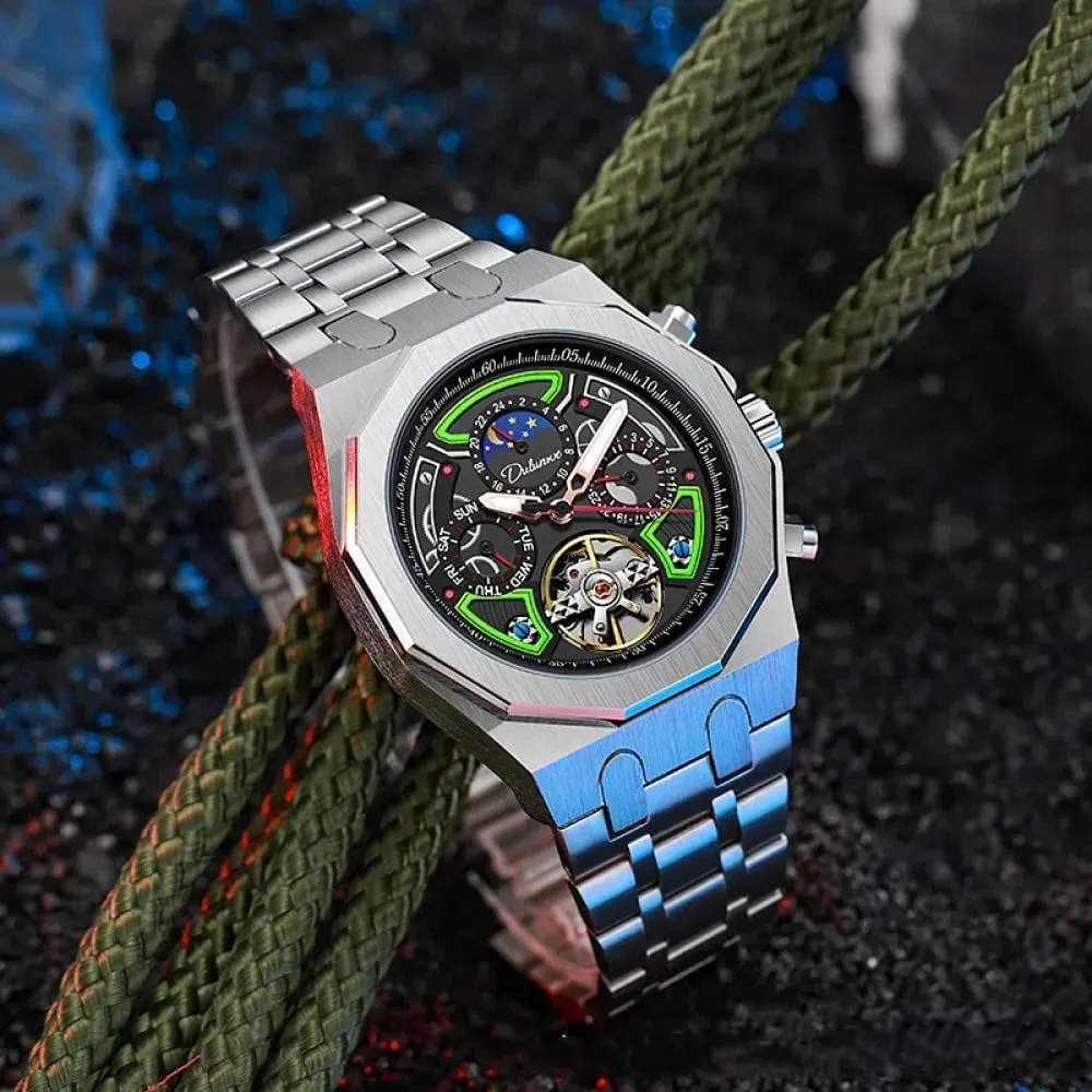 Men Skeleton Tourbillon Automatic Mechanical Watches Multifunction Moon Phase Week income friend shake Date Display Watch Stainless Steel/Rubber Strap Luminous Sports Wristwatches Color Collision 