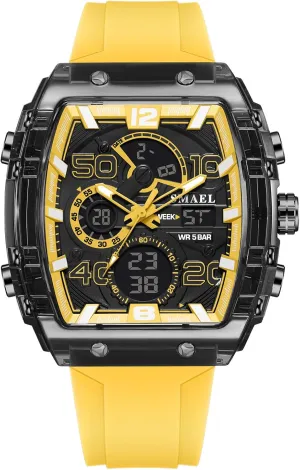 Men surround with Date, Chronograph, Alarm Gosasa Men's Dual Display Sports Watch �C 50M Waterproof Military Tonneau Large Face Silicone Watch Casual Fashion Multi-Function Wristwatch for 