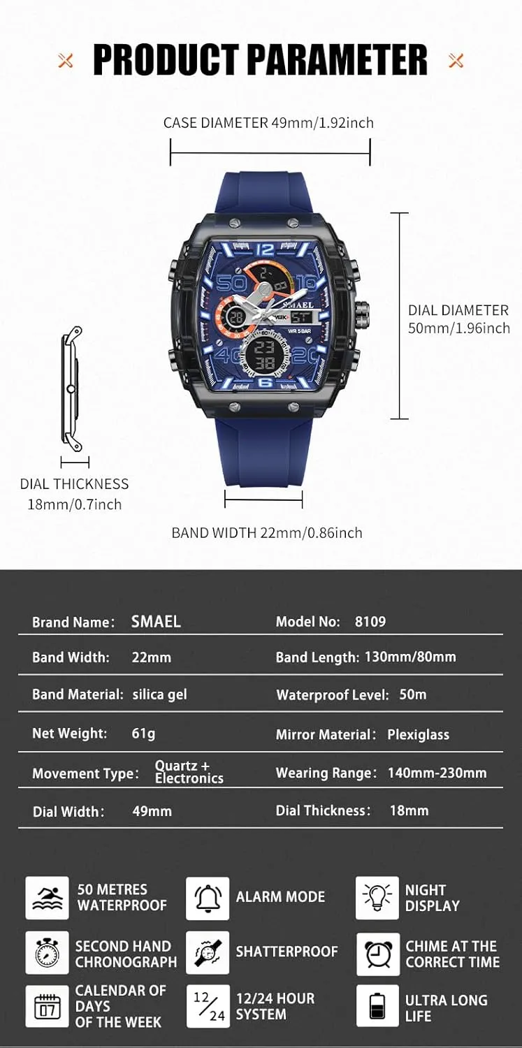 Men surround with Date, Chronograph, Alarm Gosasa Men's Dual Display Sports Watch �C 50M Waterproof Military Tonneau Large Face Silicone Watch Casual Fashion Multi-Function Wristwatch for 