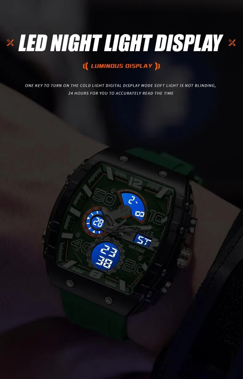 Men surround with Date, Chronograph, Alarm Gosasa Men's Dual Display Sports Watch �C 50M Waterproof Military Tonneau Large Face Silicone Watch Casual Fashion Multi-Function Wristwatch for 