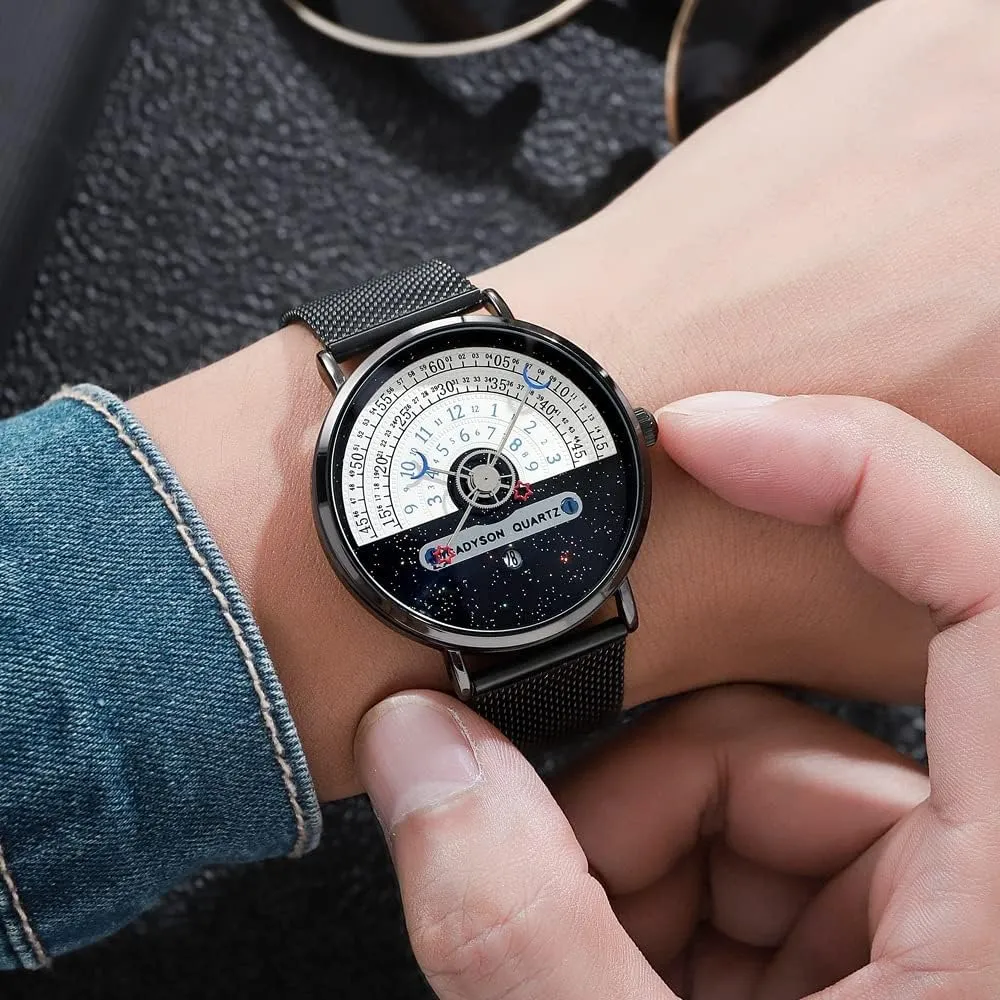 Men Unique Fashion Star Moon Concept Quartz Analog Watch Creative Half Roulette Time Display inflection seashore Watch Stainless Steel Mesh Belt Watch MASTOP Brand 