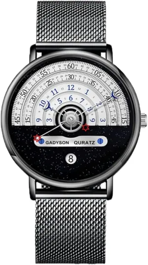 Men Unique Fashion Star Moon Concept Quartz Analog Watch Creative Half Roulette Time Display inflection seashore Watch Stainless Steel Mesh Belt Watch MASTOP Brand 