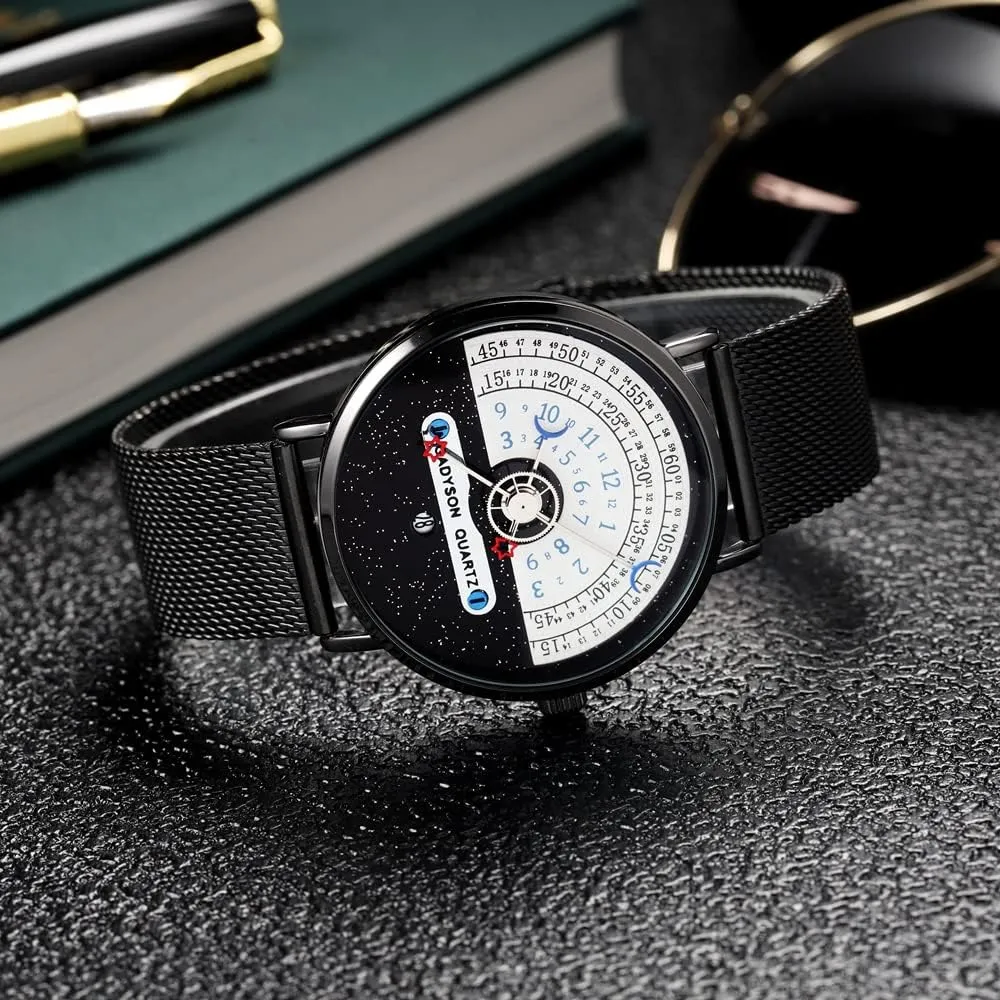 Men Unique Fashion Star Moon Concept Quartz Analog Watch Creative Half Roulette Time Display inflection seashore Watch Stainless Steel Mesh Belt Watch MASTOP Brand 