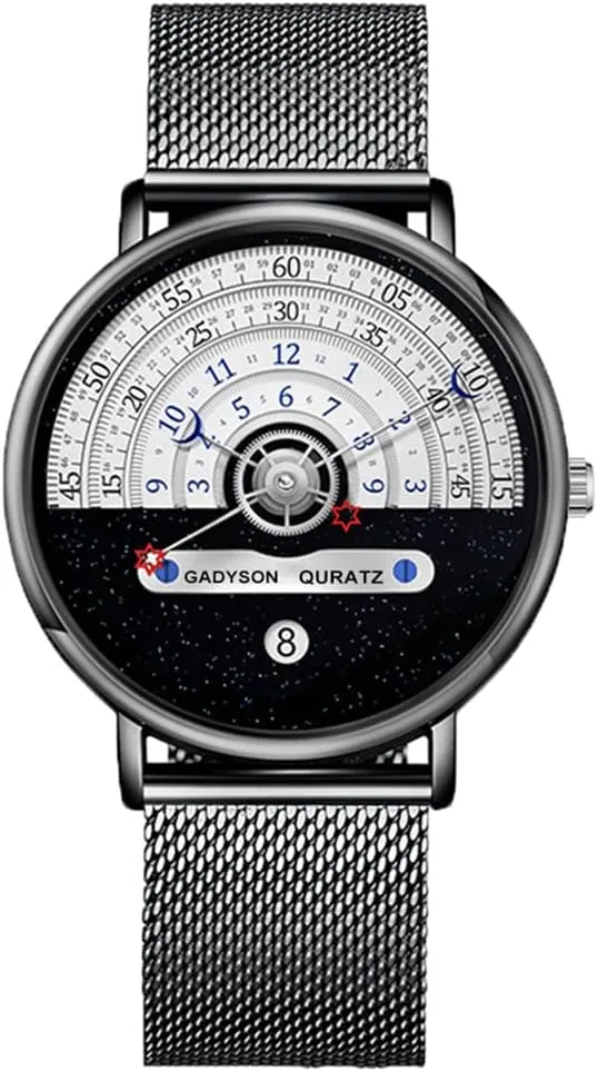 Men Unique Fashion Star Moon Concept Quartz Analog Watch Creative Half Roulette Time Display inflection seashore Watch Stainless Steel Mesh Belt Watch MASTOP Brand 