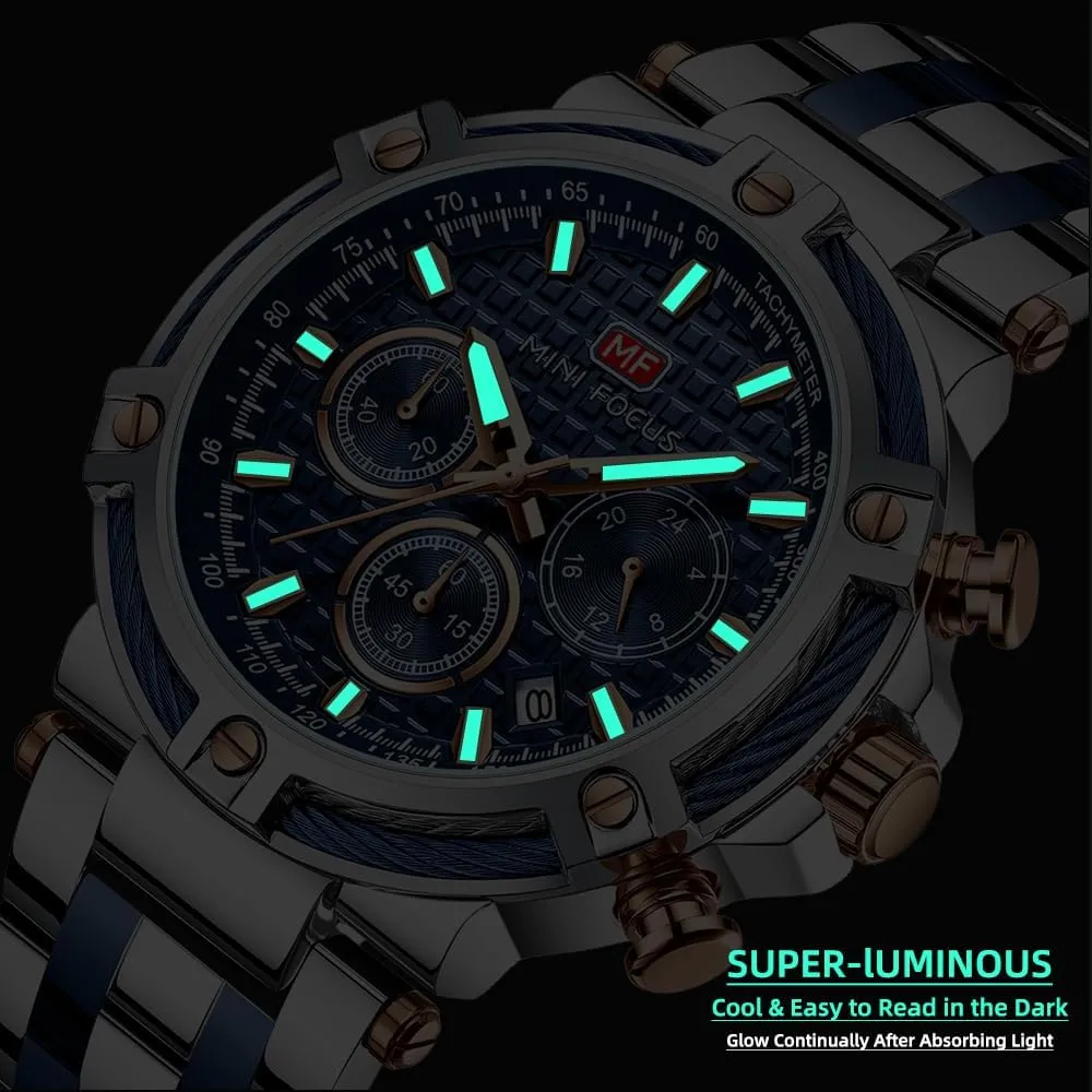 Men Watches (Chronograph/Waterproof/Luminous/Calendar/24 Hours) Big Face Stainless Steel Band Watches for Men MF gnaw unanimous MINI FOCUS Business 