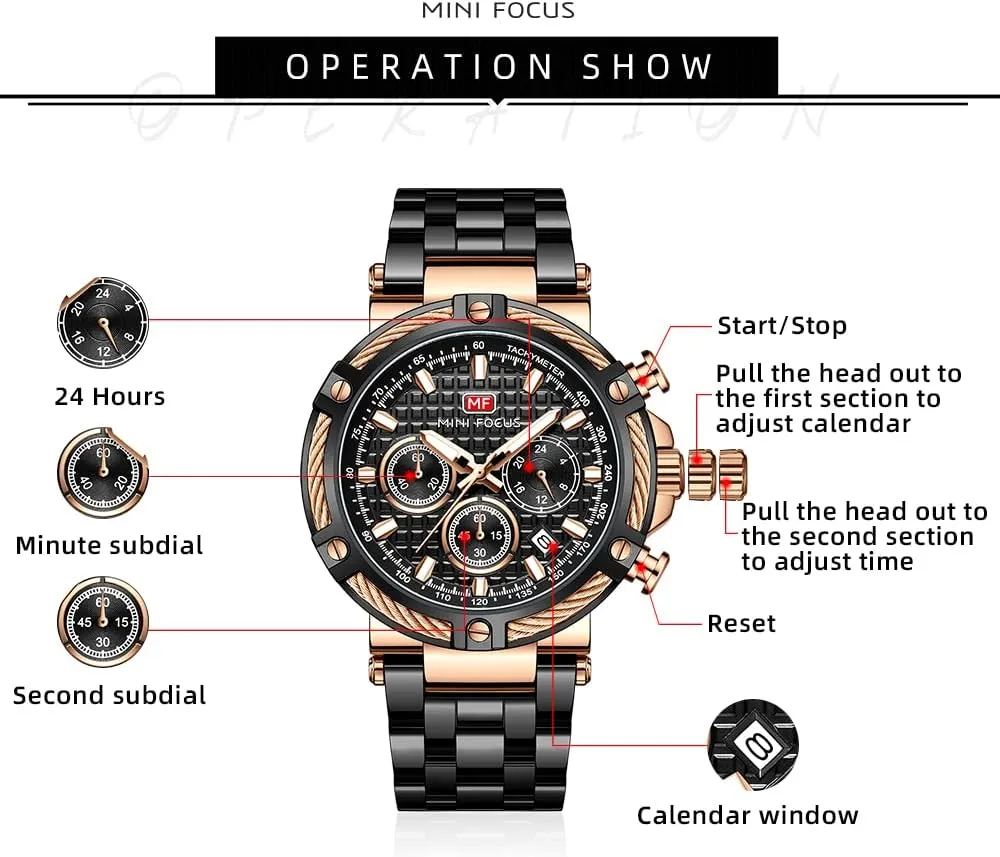 Men Watches (Chronograph/Waterproof/Luminous/Calendar/24 Hours) Big Face Stainless Steel Band Watches for Men MF gnaw unanimous MINI FOCUS Business 