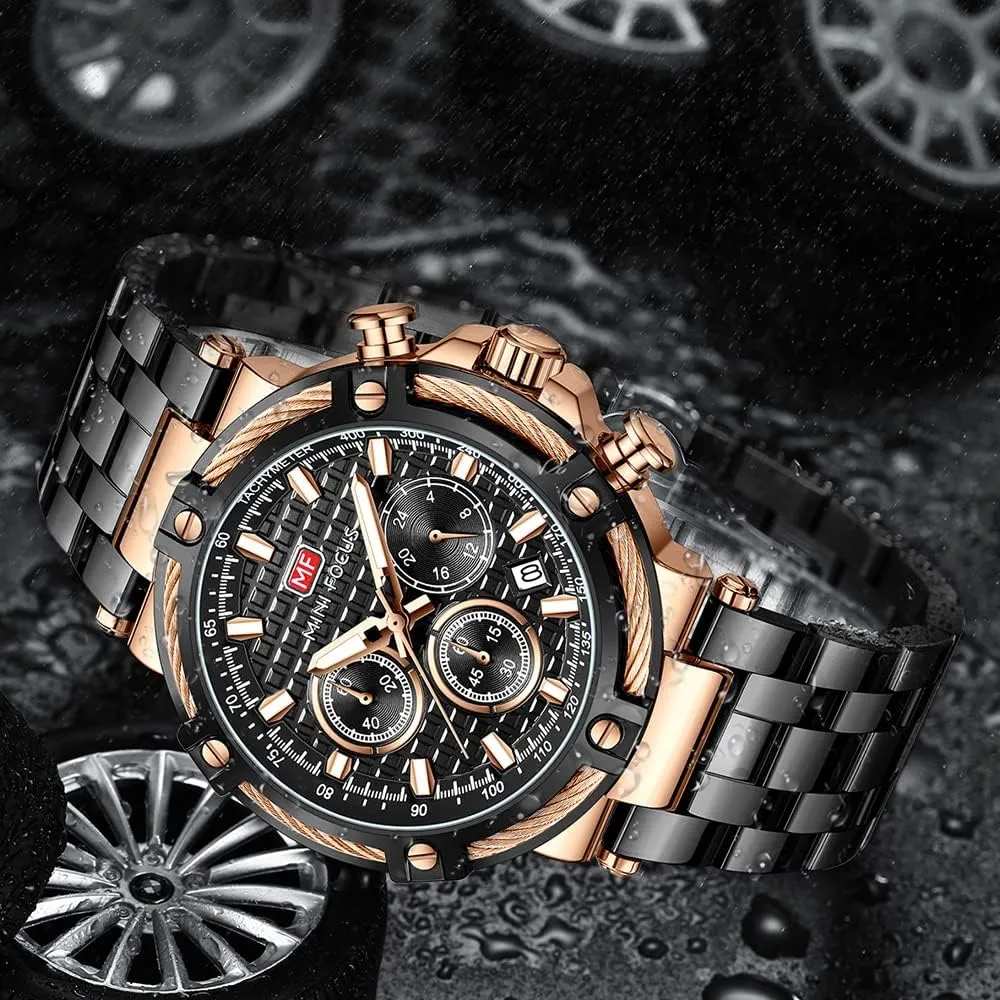 Men Watches (Chronograph/Waterproof/Luminous/Calendar/24 Hours) Big Face Stainless Steel Band Watches for Men MF gnaw unanimous MINI FOCUS Business 