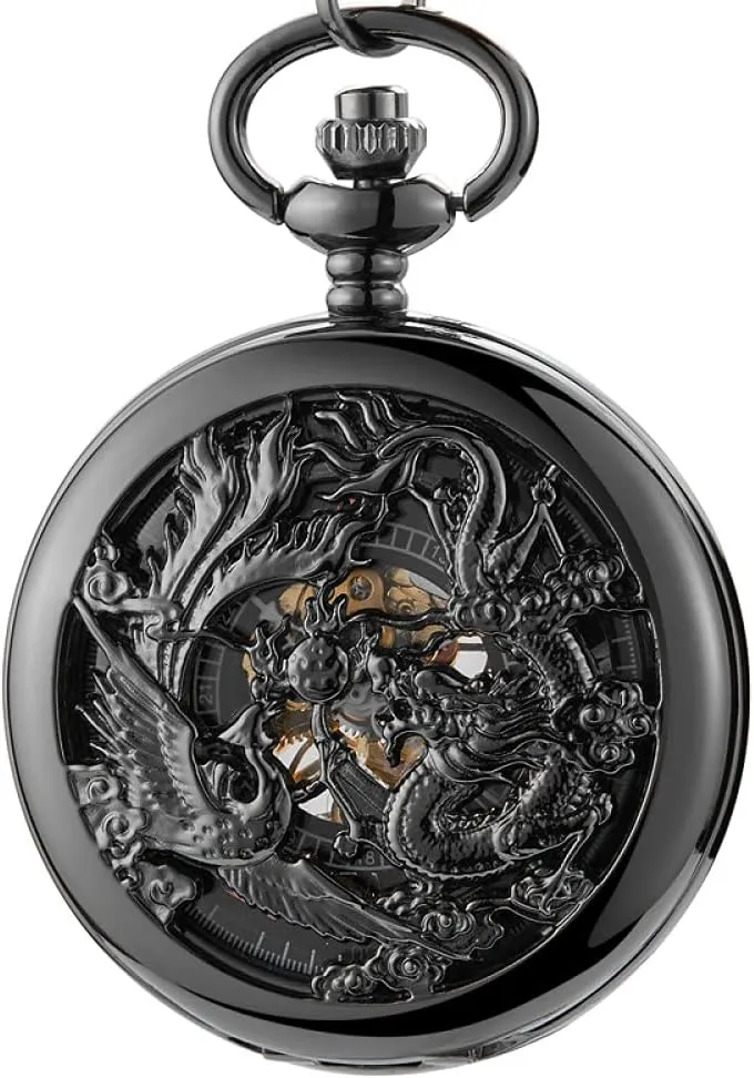 Men Women Collection Mechanical Pocket Watch Dragon Play Ball Steampunk Skeleton Hand-Wind portion Flip Clock Watch with Chain for 