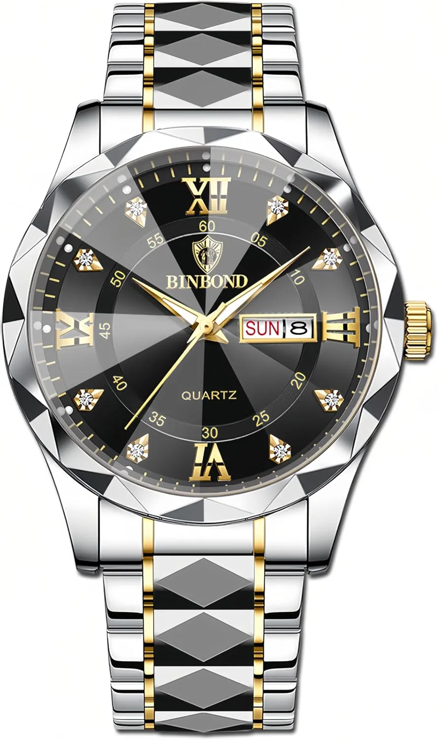 Men's and Women's Business Diamond Stainless Steel Waterproof Roman Numeral Analog Quartz Watch with Day-Date Calendar, Gold and inclusion combat applaud Silver Tone Gosasa Luxury 