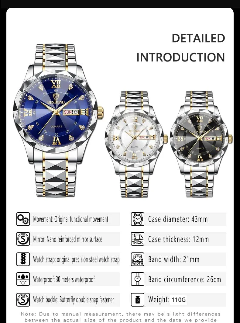 Men's and Women's Business Diamond Stainless Steel Waterproof Roman Numeral Analog Quartz Watch with Day-Date Calendar, Gold and inclusion combat applaud Silver Tone Gosasa Luxury 