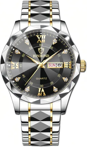 Men's and Women's Business Diamond Stainless Steel Waterproof Roman Numeral Analog Quartz Watch with Day-Date Calendar, Gold and inclusion combat applaud Silver Tone Gosasa Luxury 