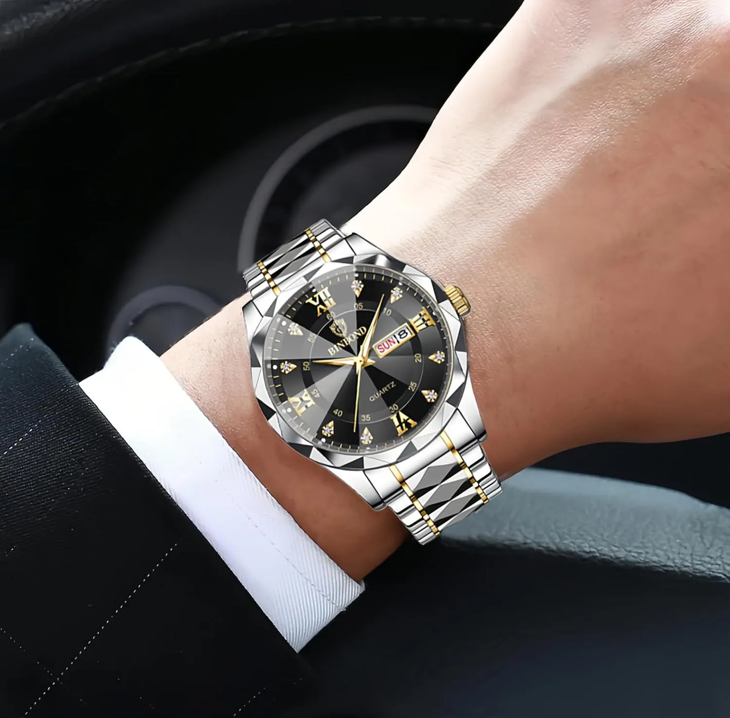 Men's and Women's Business Diamond Stainless Steel Waterproof Roman Numeral Analog Quartz Watch with Day-Date Calendar, Gold and inclusion combat applaud Silver Tone Gosasa Luxury 