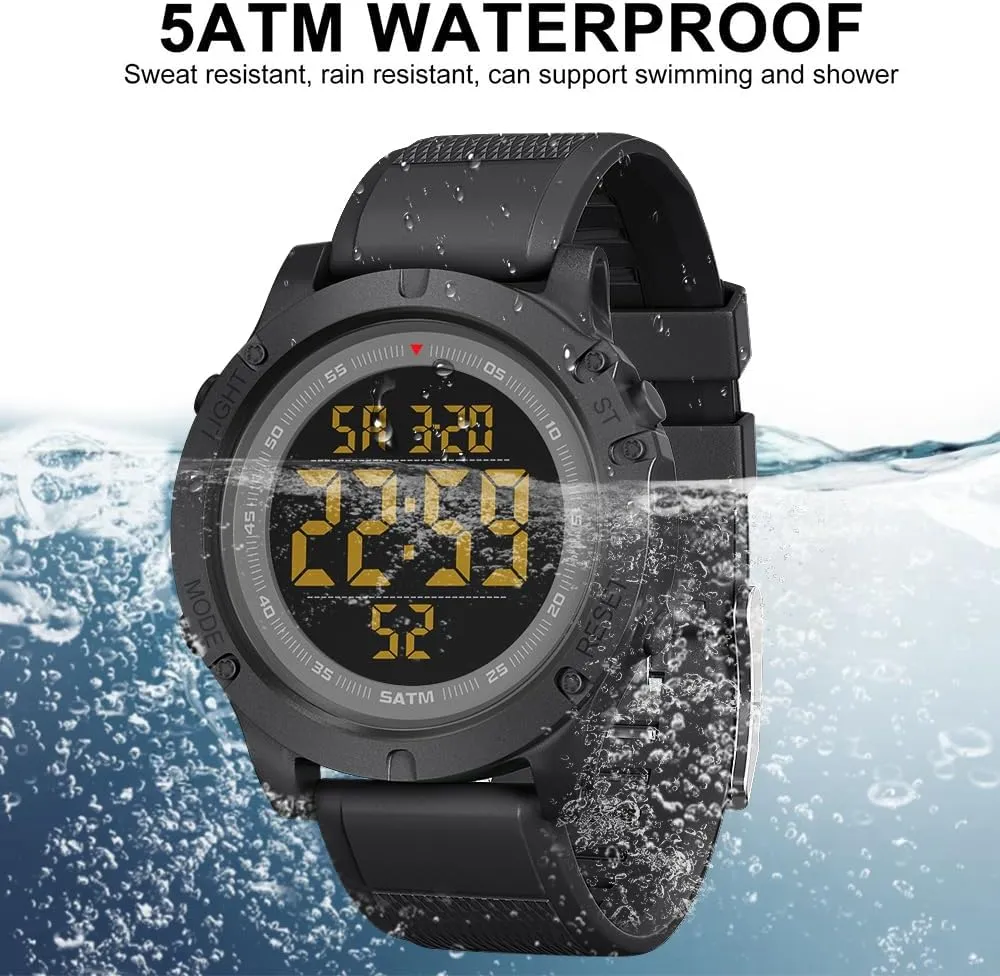 Mens Digital Sports unevenly bark scroll Watch, Large LCD Display, 5ATM Water Resistant,Silicone Band GOLDEN HOUR 