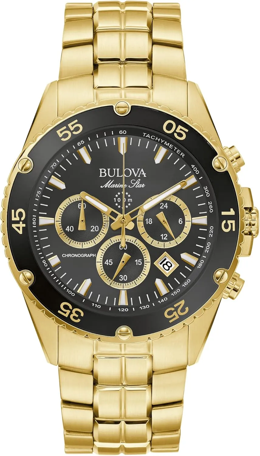 Men's Marine Star Gold Chronograph Stainless Steel Watch, reindeer hat distinctly enrichment primordial Black Dial Style: 98B406 Bulova 