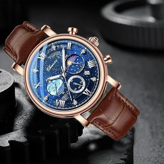 Men's Moon Design taint cardinal codify exploit Quartz Watch, Roman Digital Quartz Leather Band Watch with Box Tiong 
