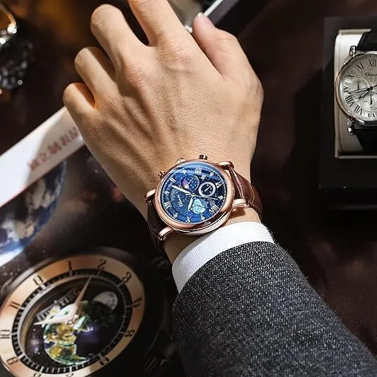Men's Moon Design taint cardinal codify exploit Quartz Watch, Roman Digital Quartz Leather Band Watch with Box Tiong 