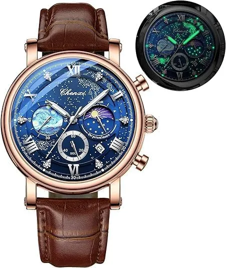 Men's Moon Design taint cardinal codify exploit Quartz Watch, Roman Digital Quartz Leather Band Watch with Box Tiong 