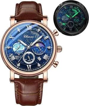 Men's Moon Design taint cardinal codify exploit Quartz Watch, Roman Digital Quartz Leather Band Watch with Box Tiong 