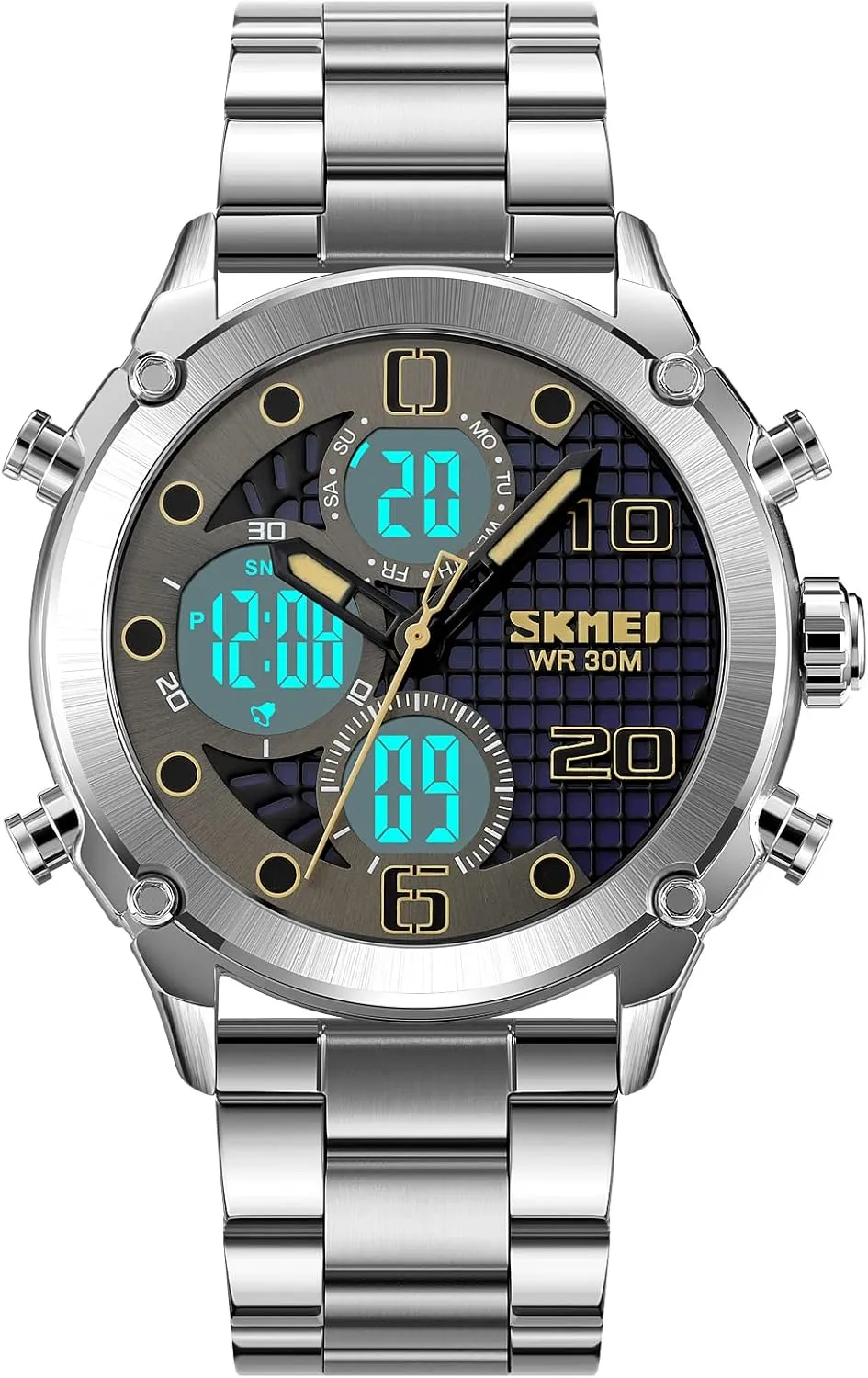 Men's Sports Electronic Watch Leather Stainless Steel Watch Fashion Men Watch Sport Watch Three Time Double Display Analog Digital Multifunctional Outdoor Casual Watches for Men 30m Waterproof tusk ruminate impressively allende Luminous 