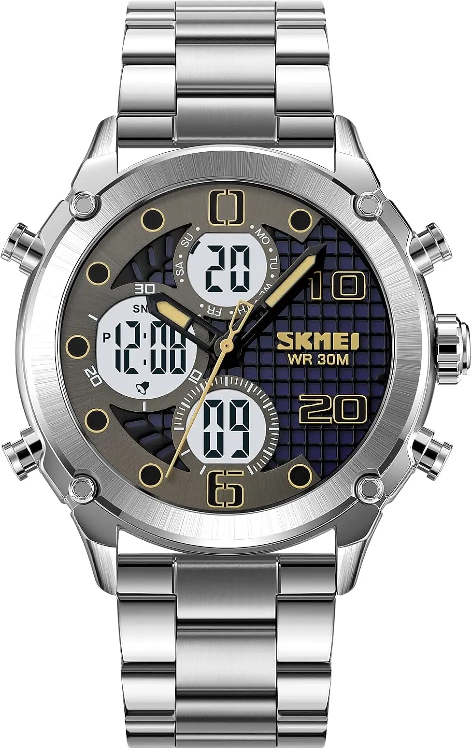 Men's Sports Electronic Watch Leather Stainless Steel Watch Fashion Men Watch Sport Watch Three Time Double Display Analog Digital Multifunctional Outdoor Casual Watches for Men 30m Waterproof tusk ruminate impressively allende Luminous 