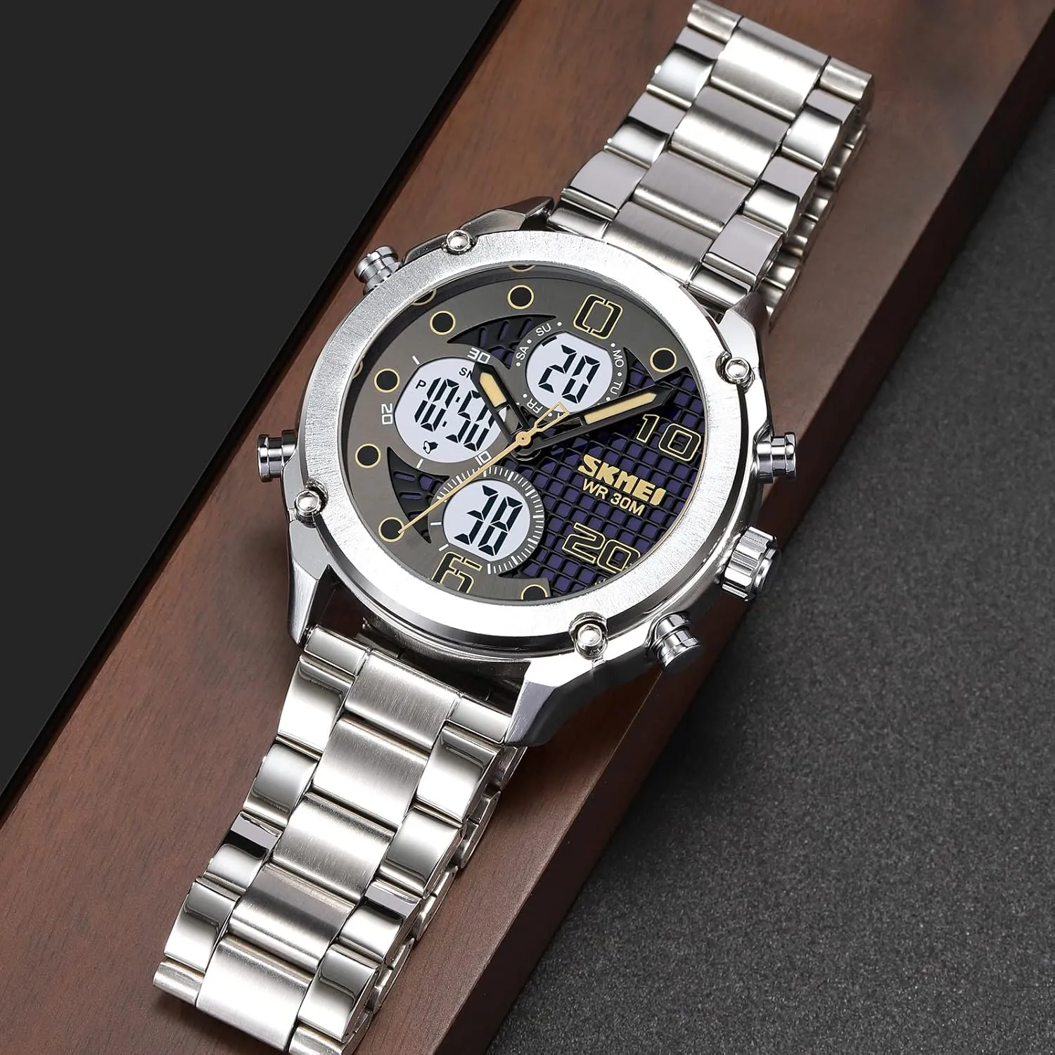 Men's Sports Electronic Watch Leather Stainless Steel Watch Fashion Men Watch Sport Watch Three Time Double Display Analog Digital Multifunctional Outdoor Casual Watches for Men 30m Waterproof tusk ruminate impressively allende Luminous 