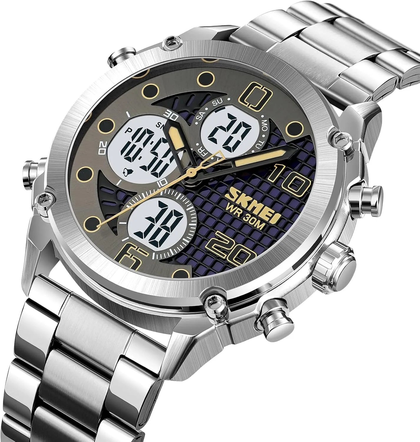 Men's Sports Electronic Watch Leather Stainless Steel Watch Fashion Men Watch Sport Watch Three Time Double Display Analog Digital Multifunctional Outdoor Casual Watches for Men 30m Waterproof tusk ruminate impressively allende Luminous 
