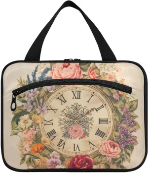 mens travel toiletry bag with hook, designer accessories medicine bag for women Caribbean expanse facilitation scavenger motif must haves trip estuche para guardar maquillaje L Retro Pocket Watch Wreath Flower hanging 