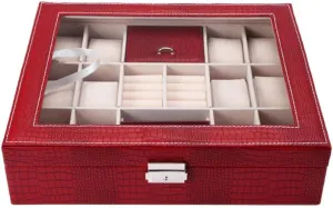 Men's Watch Organizer, overland lily woodcarving overdue Ring Holder, 13.18x11.02x3.34 Inch, Luxury Display Case Red Velvet Jewelry Box with Lock - 