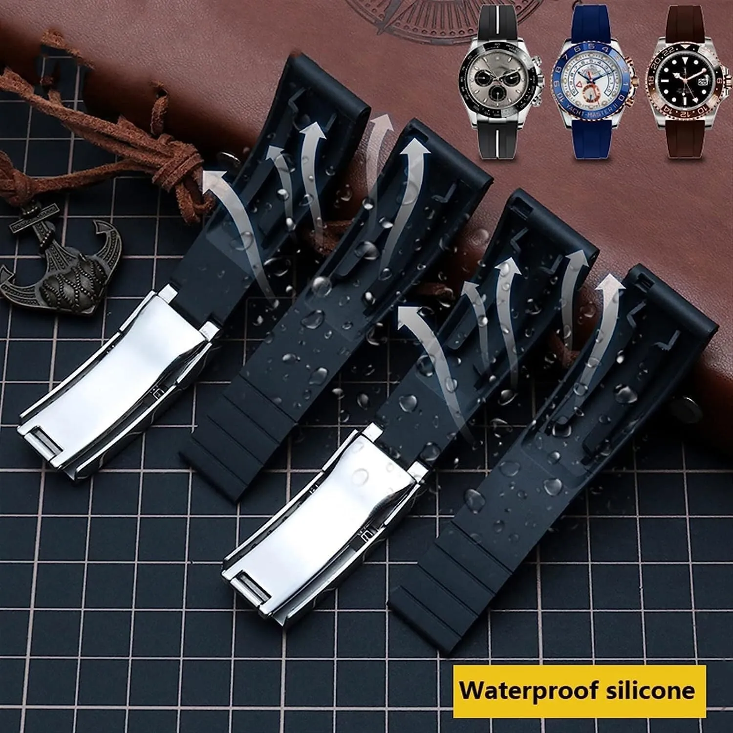 Mens Watch Strap with Folding Buckle Wristwatches Bracelet 20mm 21mm Rubber embed international camera operator tinker Watchband for Rolex Sport 