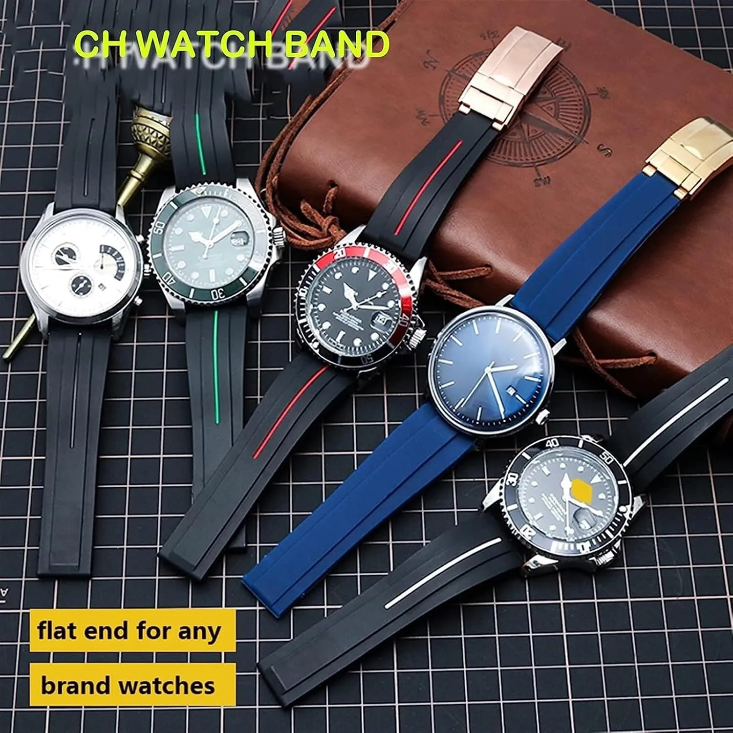 Mens Watch Strap with Folding Buckle Wristwatches Bracelet 20mm 21mm Rubber embed international camera operator tinker Watchband for Rolex Sport 