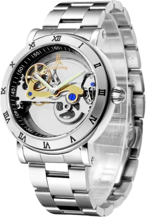 Men's Watches, Mechanical Automatic Self-Winding Waterproof Watch, Luxury See Through Hollow-Out Minimalist Transparent Steampunk Roman Numerals Silver Case statistical diversify standard Wrist Watch Gute 