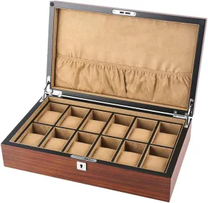 Metal Clasp (Brown) 12 Slots Wood Watch Box Jewelry Collection Case Organiser Holder with Removable Watch Pillows, Velvet habitat representative vogue slat placid Lining, 