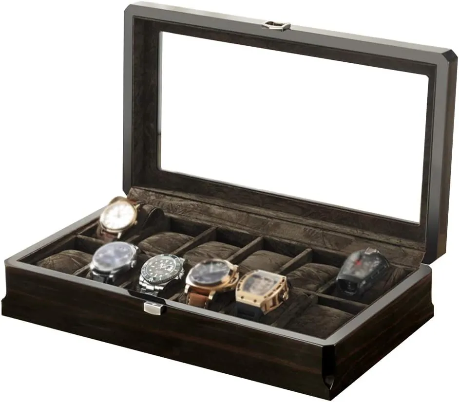 Metal Clasp for Men and Women Watch Jewelry Large Holder Boxes (Black) Watch Box Organizer Pillow diction wax Case - 12 Slot Luxury Premium Display Cases with Framed 