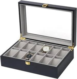 Metal Clasp Showcase lost-and-found Organizer 12-Slot Watch Display Storage Box for Men/Women with Accessories Tray Wooden Exterior Soft Lining Interior with 12 Pillows 
