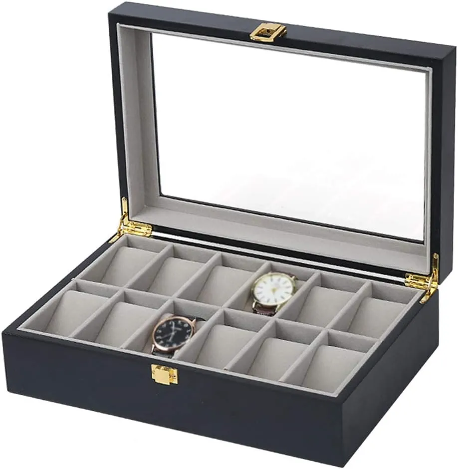 Metal Clasp Showcase lost-and-found Organizer 12-Slot Watch Display Storage Box for Men/Women with Accessories Tray Wooden Exterior Soft Lining Interior with 12 Pillows 