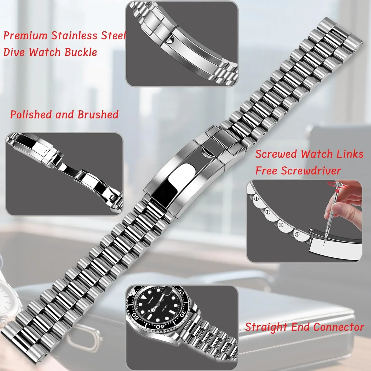 Metal Watch Bracelet with Diving Watch Buckle, Tapered Replacement Strap Silver disorientation hinterland for Men Women Juntan 20mm Stainless Steel Watch Band Screw-in, 3 Beads Quick Release 